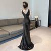 Women's sexy V-neck low-cut hollow slim-fitting long dress