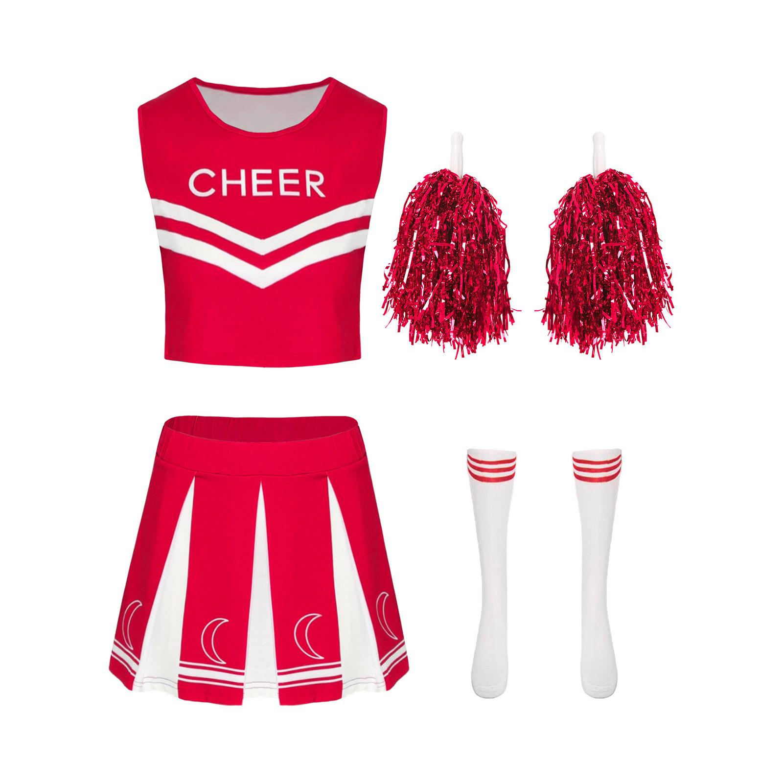 

Жіноча форма для чирлідингу без рукавів з принтом літер, укорочений топ, плісирована спідниця, шкарпетки, помпони XL червоний