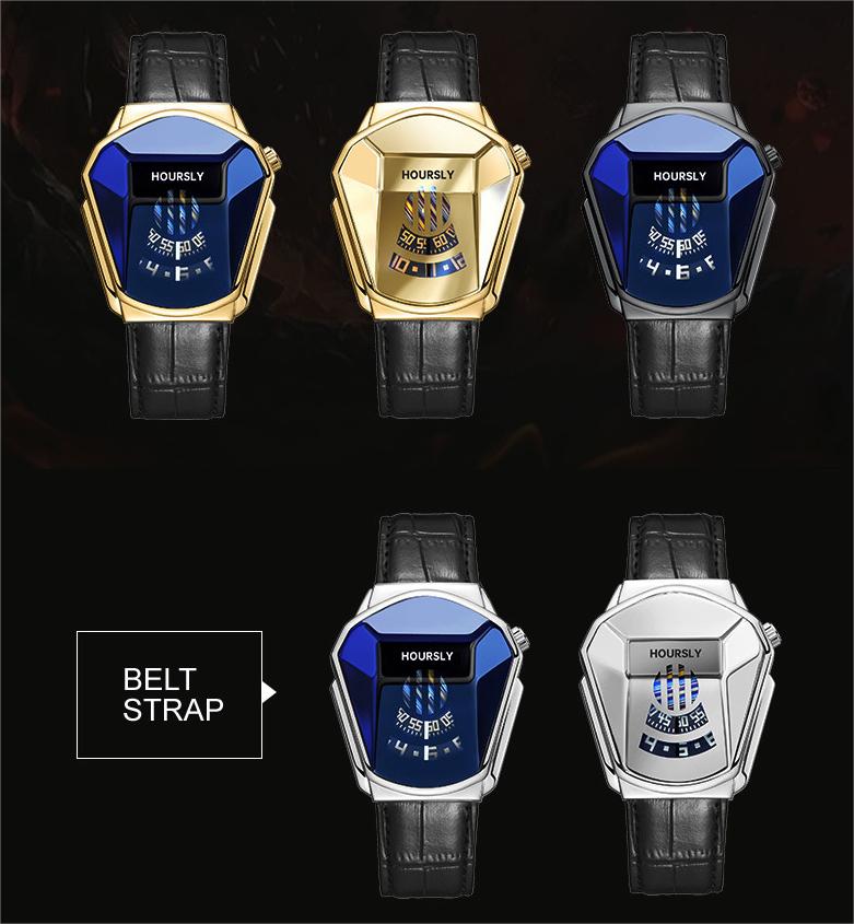 HOURSLY 6617 Fashion Men's Watches Motorcycle Cool Waterproof Sport Wristwatch Quartz Stainless Steel Belt Watch Gold Band Clock