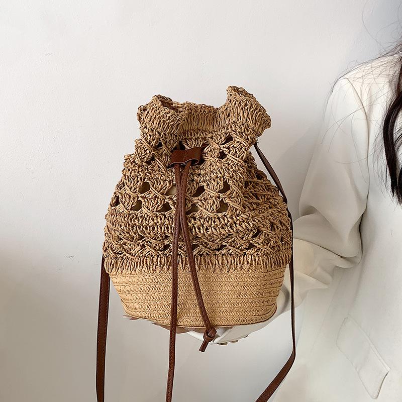 Geantă boemă Holliw din paie pentru femei, geantă găleată țesătă de vară, genți de plajă pentru femei, ocazional cu șnur.
