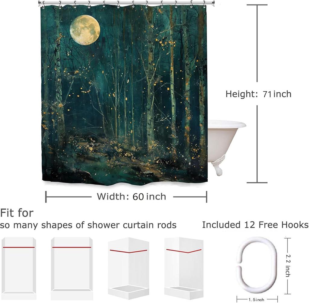 Vintage Dark Green Forest Bathroom Shower Curtain Night Moon Landscape Nature Mystical Midnight Polyester Fabric 12 Plastic
