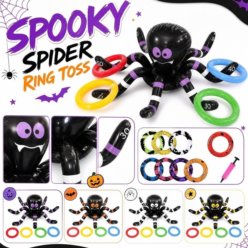 Inflatable Spider Ring Toss Game Set with Large Spider and Multiple Toss Rings for Indoor Outdoor Party Activities Halloween Event Decorations