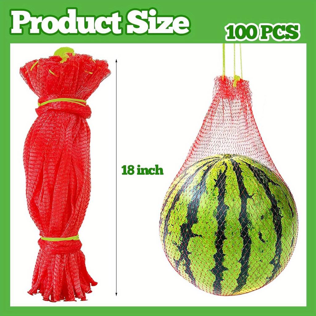100 PCS Watermelon Nets, 18 Inches Melon Hammock Red Onion Mesh Bags, Reusable Cantaloupes Hanging Mesh Bag with Drawstring for Trellis Vertical