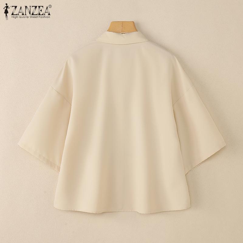 ZANZEA Damen Umlegekragen Locker Lässig Kurzarm Print Bluse