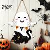 Childlike Party Supplies for Kids Cute White Ghost Wooden Door Hanger Sign with Black Cat BOO Gift Halloween Banner, Waterproof Front Plaque Farmhouse