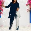 Women Plus Size Round Neck Three Quarter Sleeve Geometric Printed Layered Top Long Pants Two Piece Set