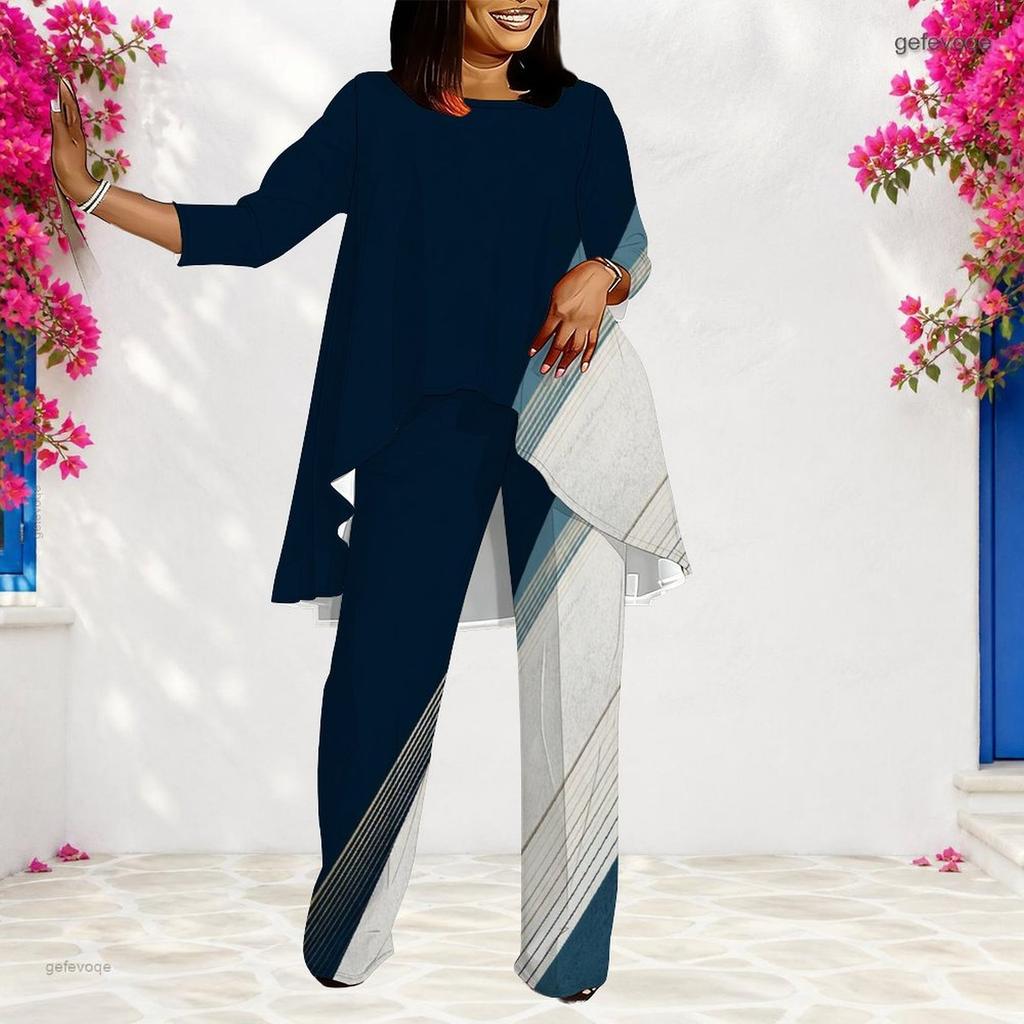 Women Plus Size Round Neck Three Quarter Sleeve Geometric Printed Layered Top Long Pants Two Piece Set