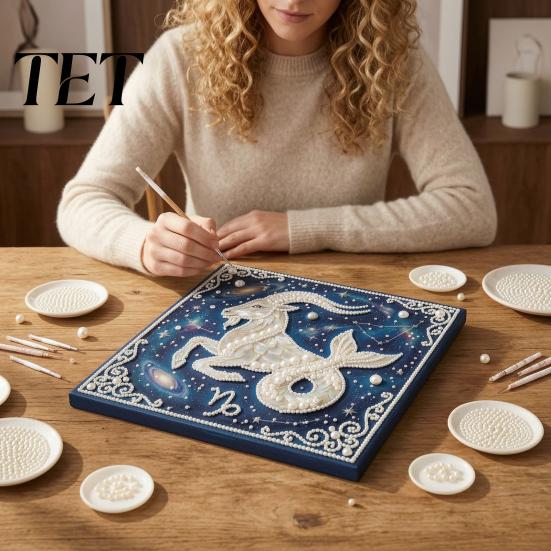 Adults Faux Pearl Painting Kit DIY Kit, 12 Constellation Rhinestone Art Set for Beginners Beginners, Handmade Wooden Frame Fake Wall Decoration