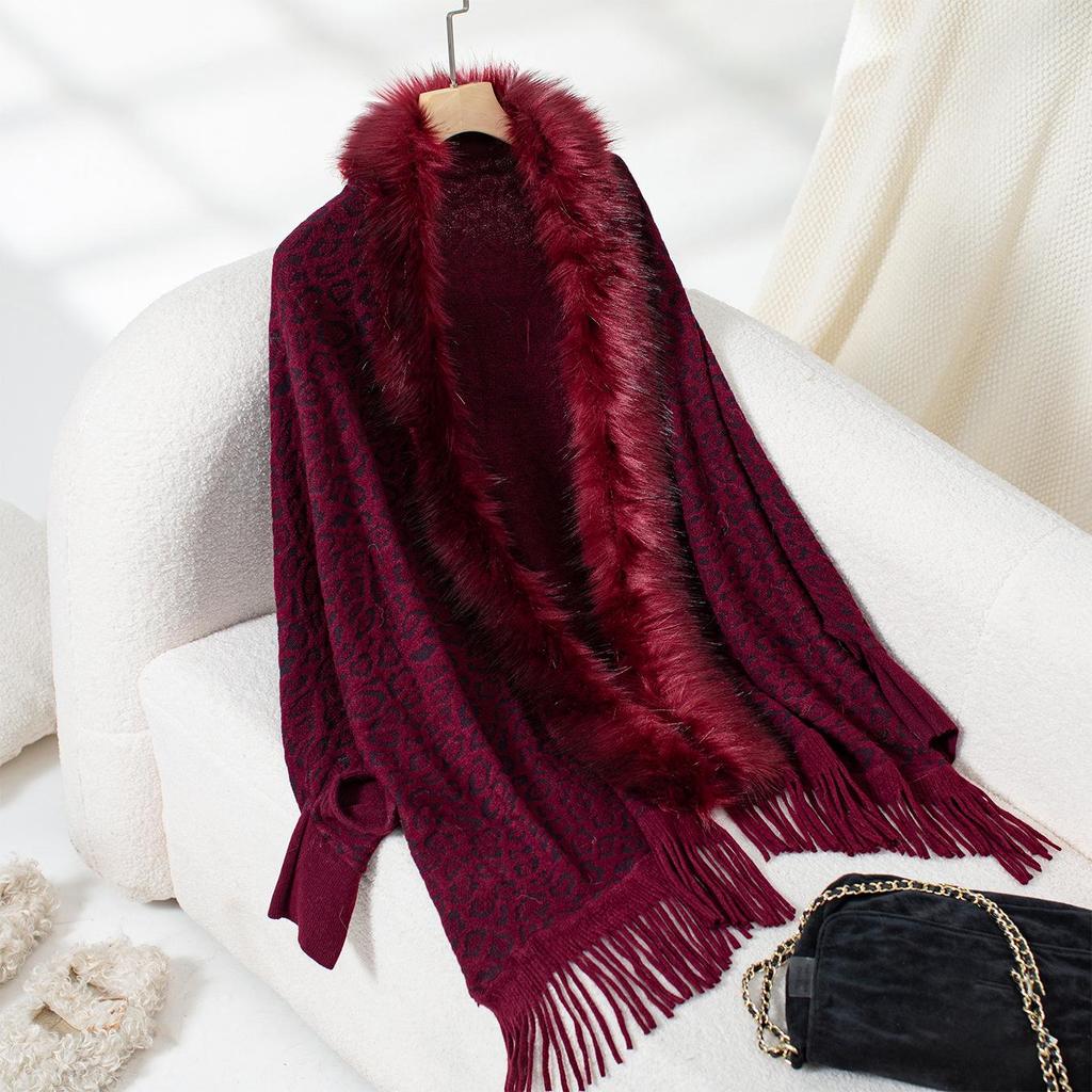 Leopard Print Fur Collar Knitted Cardigan: Autumn/Winter Batwing Sleeve Cape