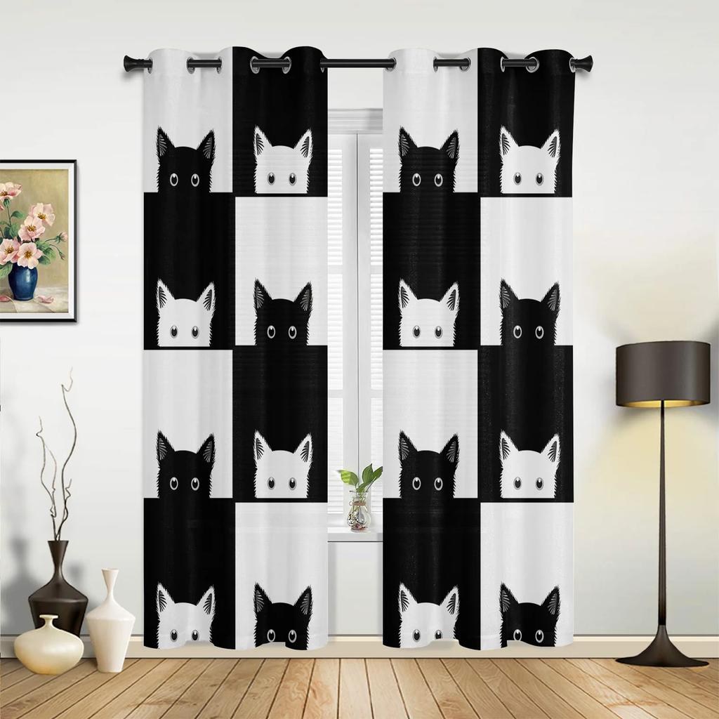 Cat Roof Kitten Night Moon Stars Curtains for Bedroom Living Room Drapes Kitchen Children's Room Window Curtain Home Decor