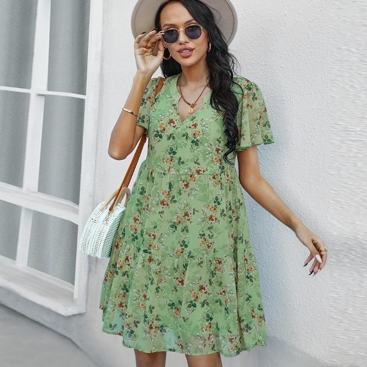 Women Summer Casual Floral Print Chiffon Dress V Neck Short Sleeve S зелёный