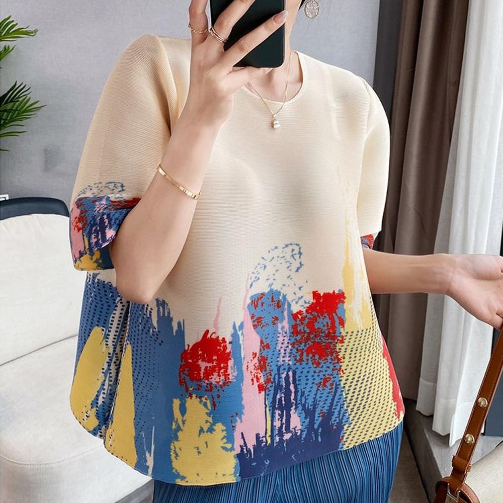 

Wrinkled Spring Clothes Printed Mother Loose Sweater Mid-sleeve Summer Bottoming Shirt XXXL бежевий