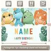 Watercolor Style Dinosaur Birthday Backdrop, Customizable Name Cute Cartoon Dino Background with Tropical Leaves