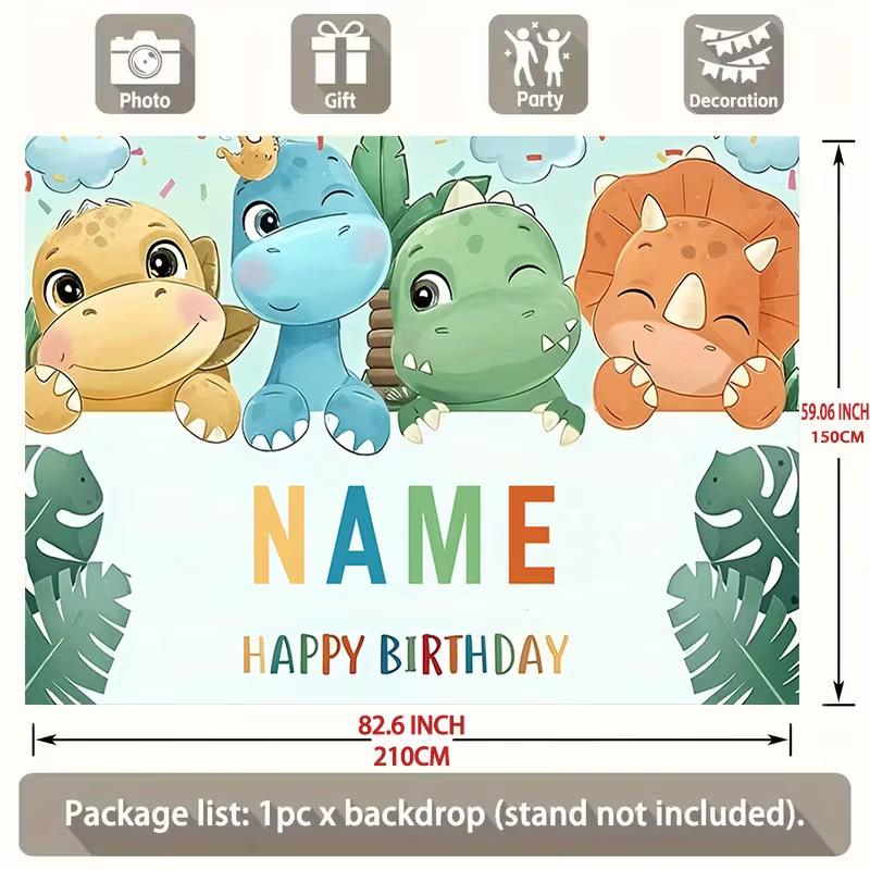 Watercolor Style Dinosaur Birthday Backdrop, Customizable Name Cute Cartoon Dino Background with Tropical Leaves