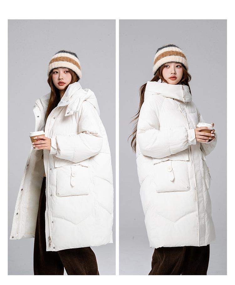 Women's Autumn and Winter Coat Solid Color Stand Collar Hooded Loose Thickened Windproof Mid-length Women's Jacket