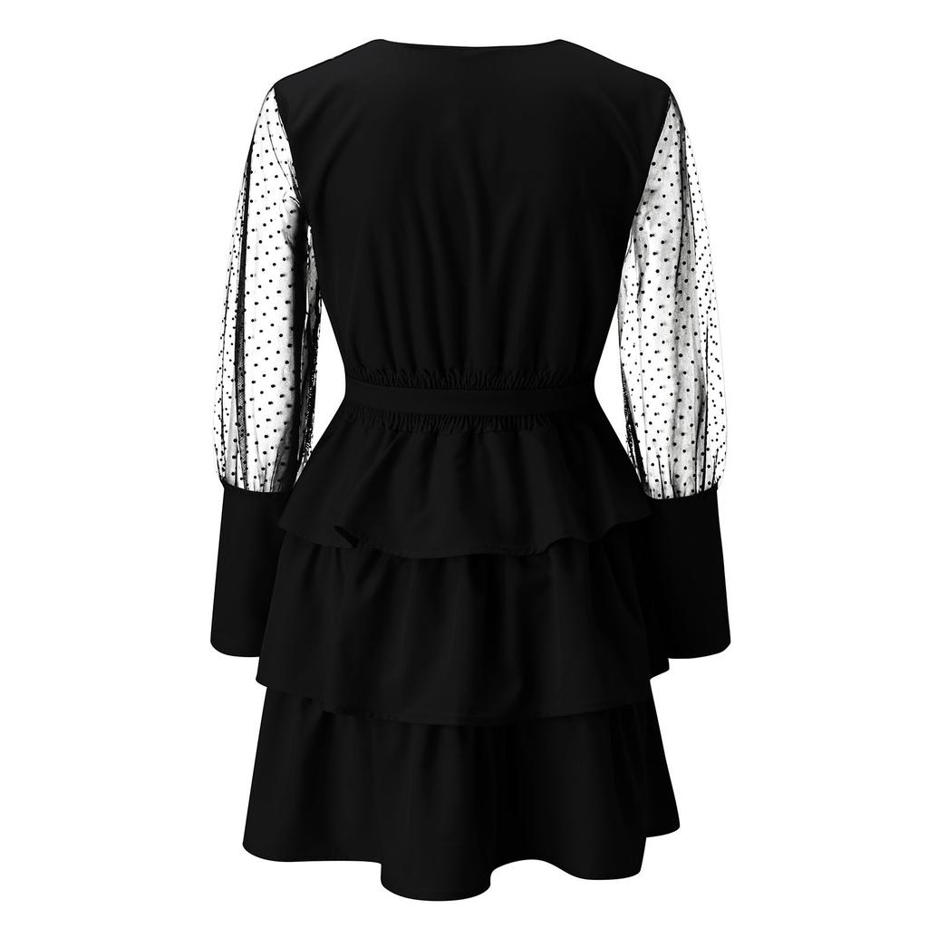 Women's Casual Color Patchwork Mesh Sleeves Long Sleeve Dress Cake Dress