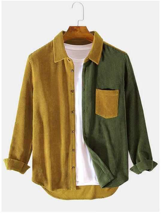 

Чоловіча вельветова сорочка колор-блок вільного крою з довгим рукавом – корейський японський стиль L зелений/жовтий