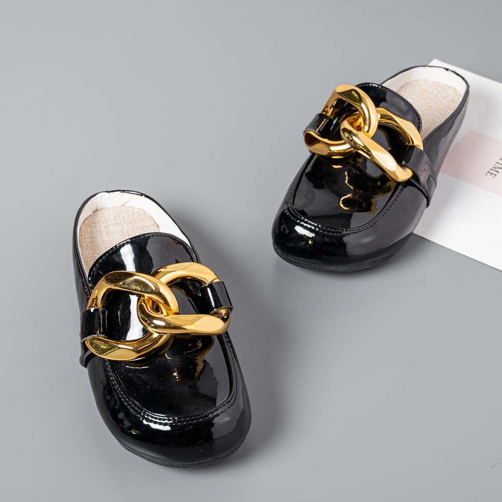 Summer Women Slipper Low Heels Casual Slides Flip Flop Round Toe Brand Design Gold Chain Closed Slip On Shoes Mulles