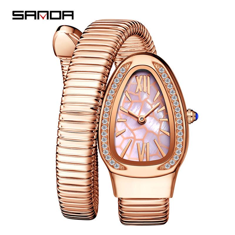Sanda Snake-Shaped Diamond-Accented Luxury Bracelet Wristwatch - Trendy Two-Hand Design for Women ярко-розовый/золотой