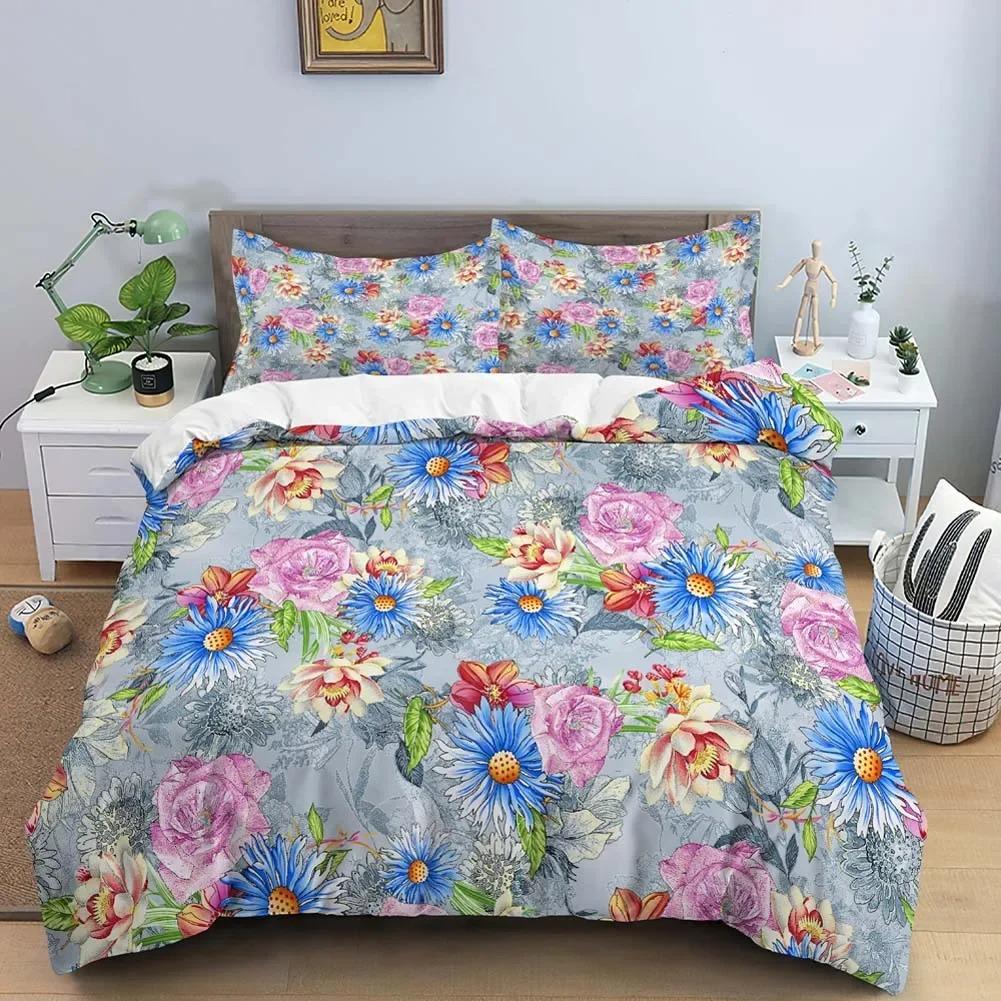 Vintage Blumen King Queen Bettbezug Pfingstrose Sonnenblumen Bettwäsche Set Tropischer Blumen Quilt Bezug Boho Polyester Bettbezug