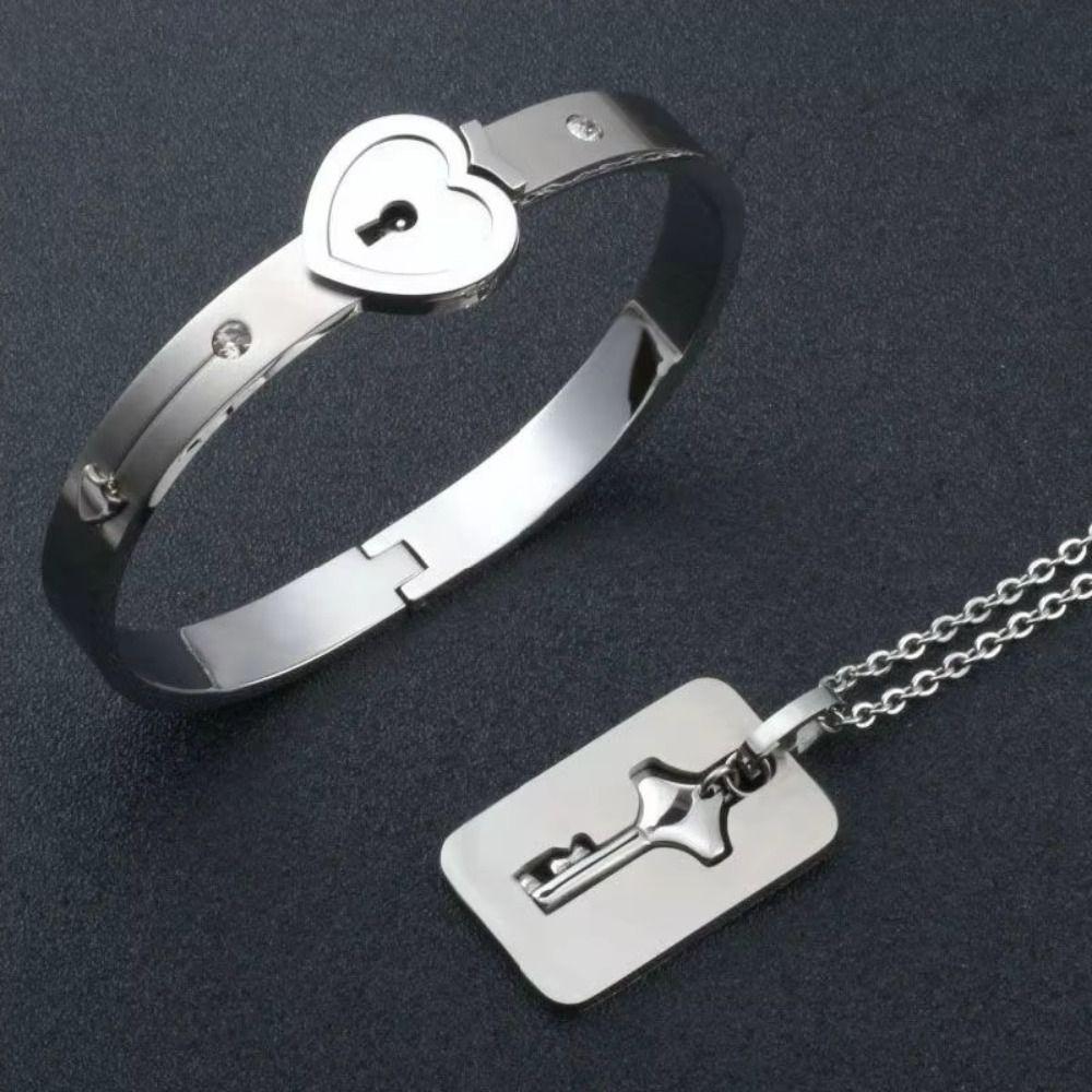 Gold Silver Heart Lock Bracelets Stainless Steel Key Pendant Necklace Women Men
