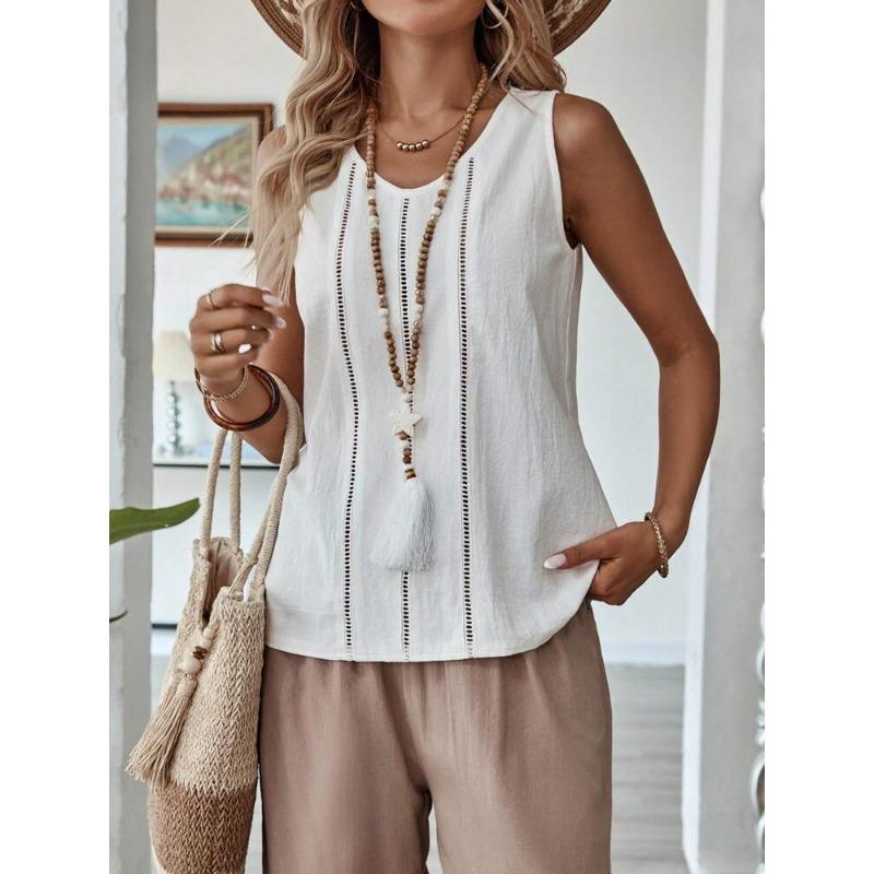 Bluză de vară largă cu decupaje pentru femei, culoare solidă, gât rotund, cămăși casual, modă pentru doamne, topuri tip maieu elegante, dulci, cu dantelă, vestă simplă de birou