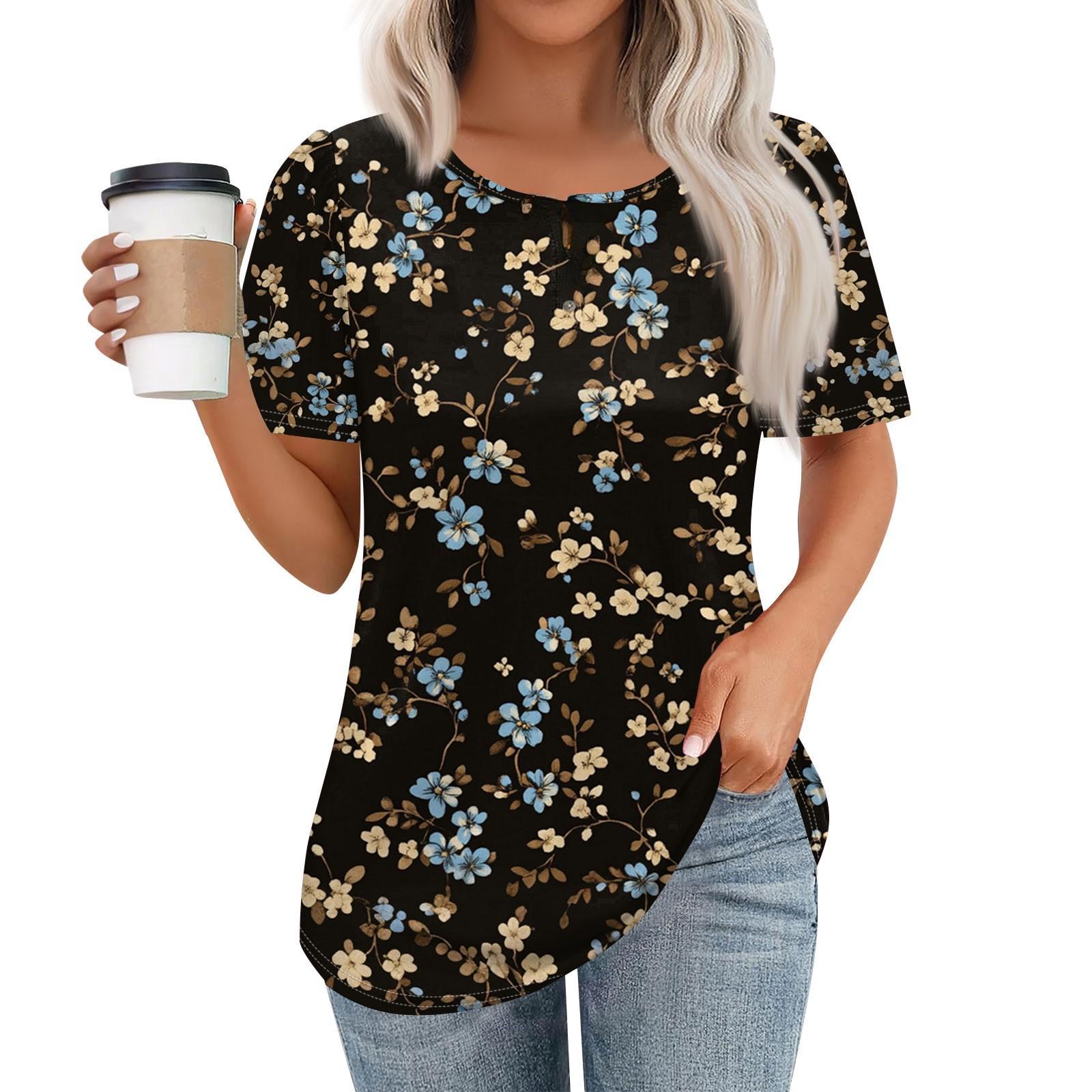 

Женская модная повседневная футболка с коротким рукавом и цветочным принтом на пуговицах с 3D-принтом и круглым вырезом XXL