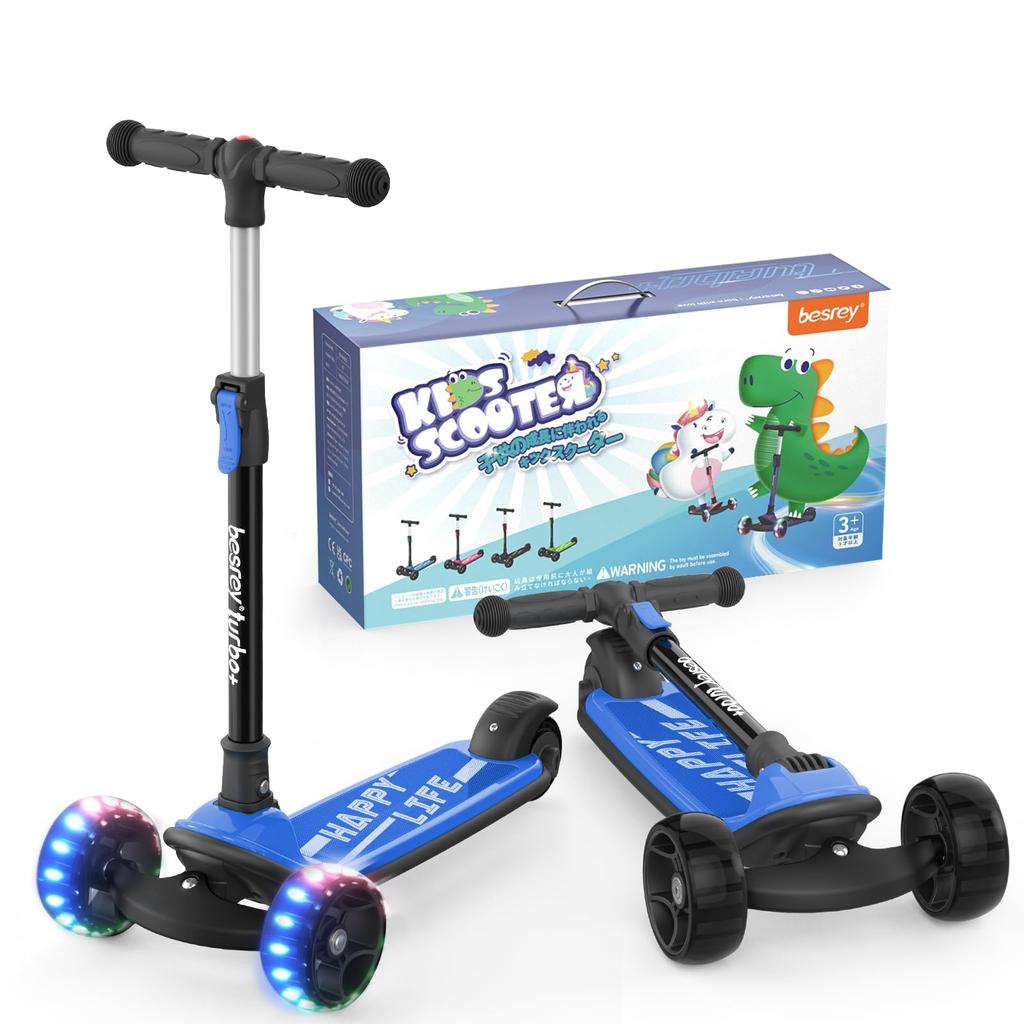 Besrey Kick Scooter for Adjustable Rear Lights Kids, 3-Wheel Type, 4-Stage Height, Turning, Brake, Light-Up
