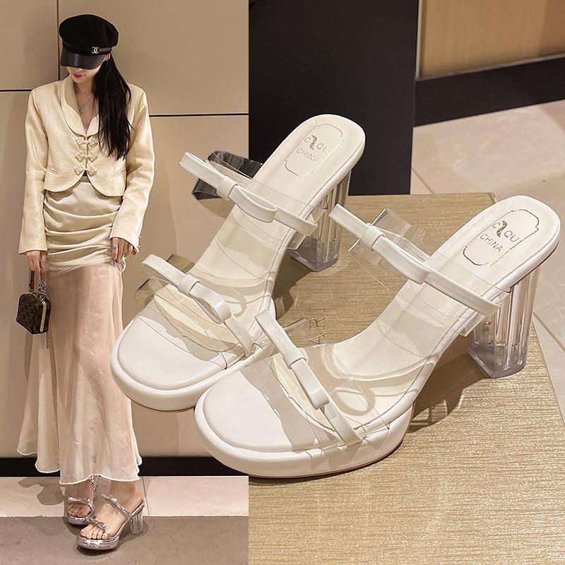 Drag Crystal Wear Cool Belt with Skirt Heel Sandals Women's Summer 2025 New One-word Waterproof Table Transparent High-heeled Slippers