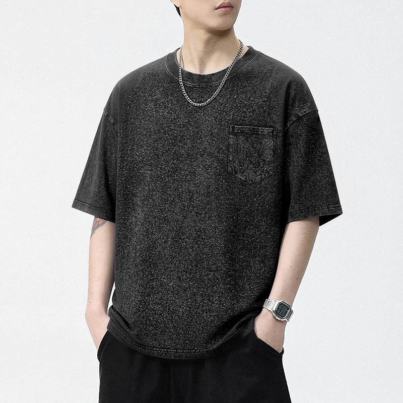 Men's Vintage Washed Cotton T Shirt Crew Neck Short Sleeve Chest Pocket Casual Loose Fit Streetwear Summer Tops