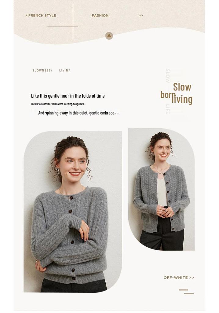 Women's Slimming Cable Knit Cashmere Cardigan - Long Sleeve, Warm, Round Neck, Single-Breasted