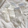 Korean Style White & Blue Women's Mid-Calf Socks: Autumn/Winter Pure Cotton with Bow, Button & Label JK Style Slouch Design.
