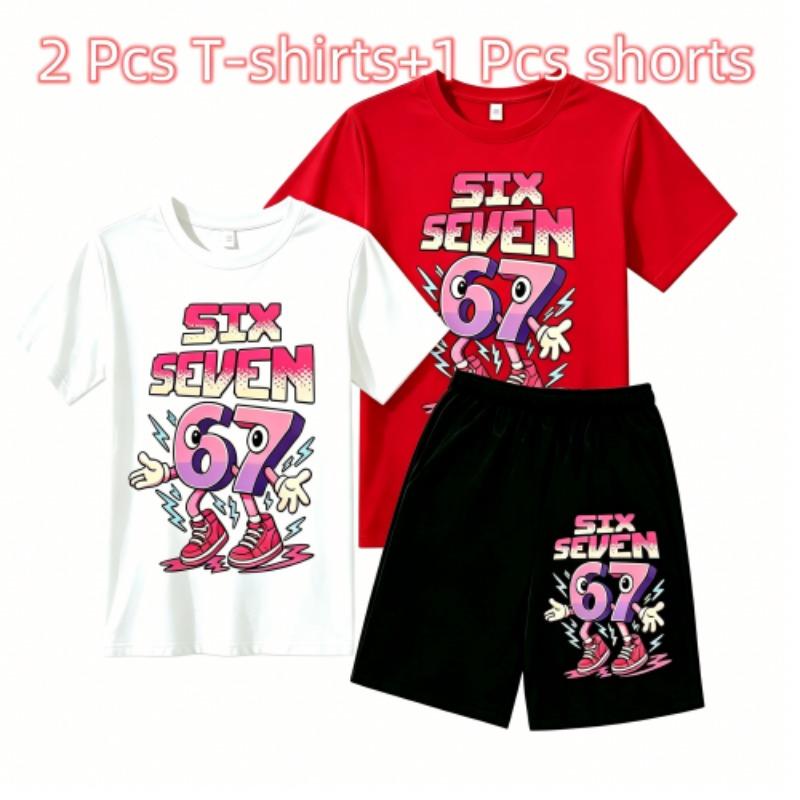 Fashion Cartoon 67 Graphic Print Outdoor Street Kids T-shirt and Shorts Summer Home Casual Outfit Boy and Girl's Sports Set