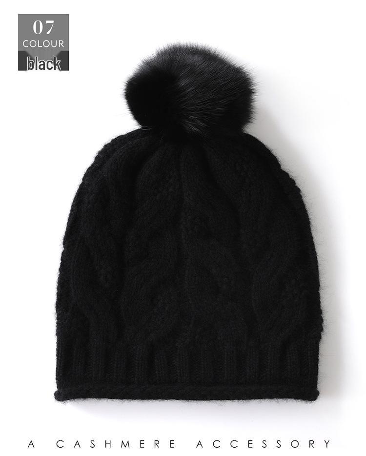Women's Cable Knit Cashmere Beanie with Fox Fur Pom Pom - Thickened, Warm, and Casual Winter Ear Protection Hat