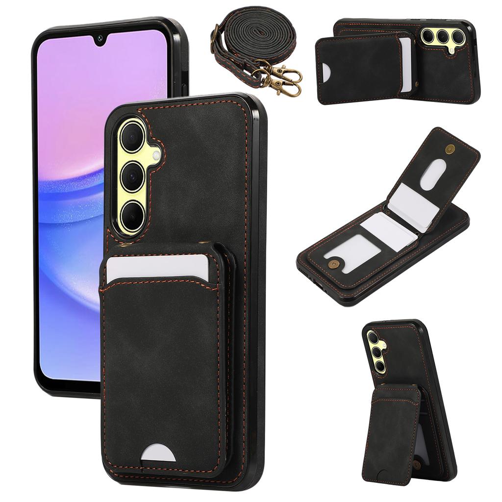 For Samsung Galaxy A17 5G/A26 5G Case Card Holder Kickstand Leather+TPU Phone Cover with Shoulder Strap