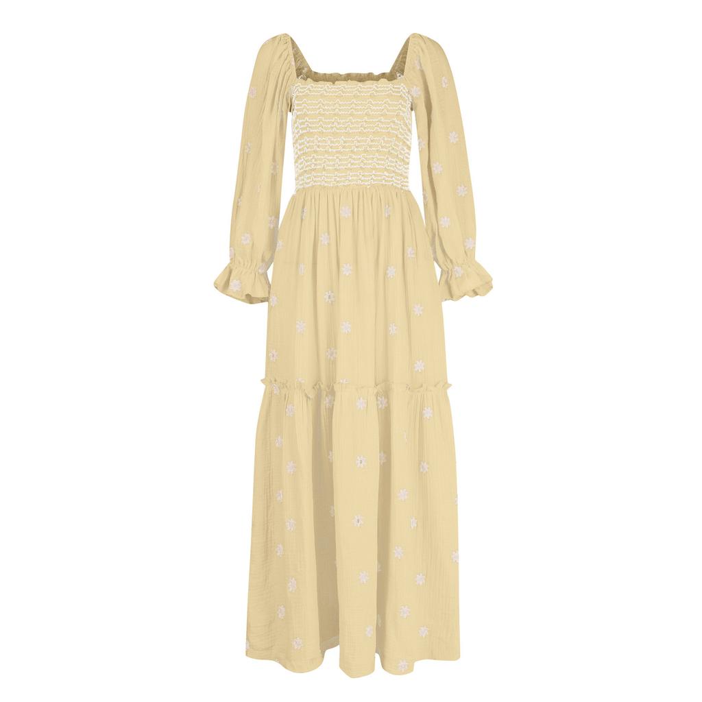 Herbst Damen Casual Kleid Quadrat Kragen Horn Ärmel Langen Rock Casual Und Sommer Maxi Kleider Für Frauen