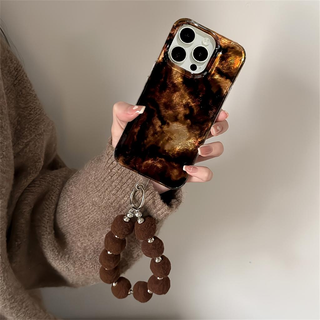 Luxury Amber Leopard Pattern Case For iPhone 16 15 14 13 12 Pro Max 11 Cute Hairball Bracelet Wristband Chain Protective Cover