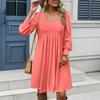 Women's Loose Square Neck Casual Long Sleeve Solid Color Pleated Dress