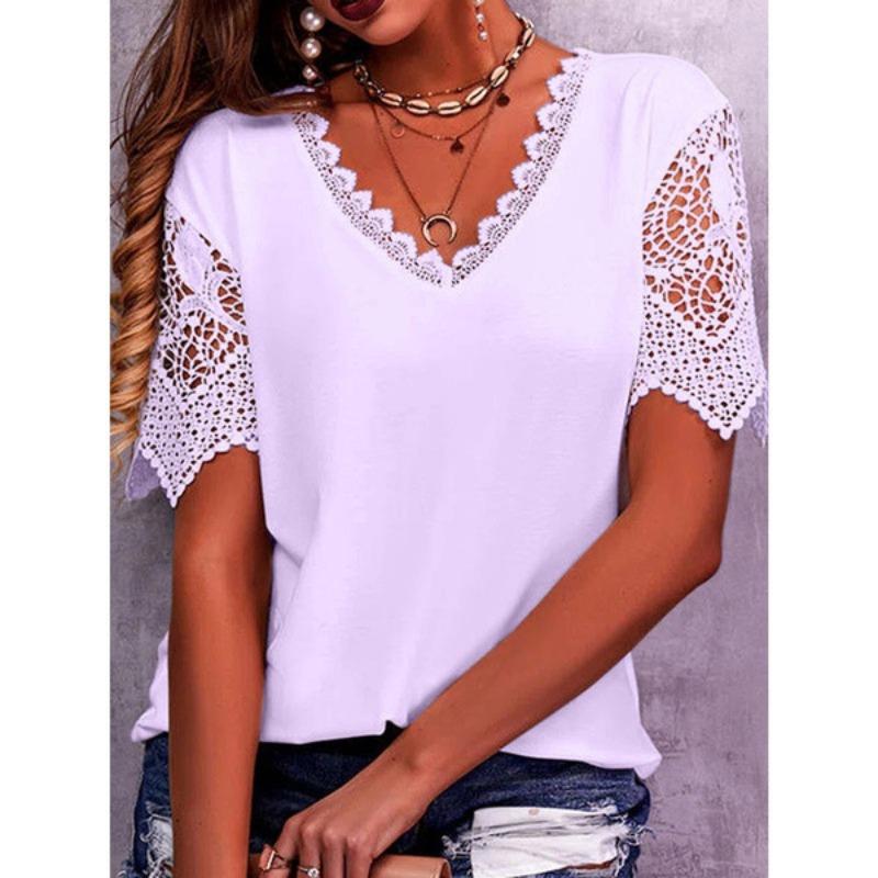 Women's T-shirt with Lace and Lace Stitching, Loose V-neck Short Sleeved T-shirt
