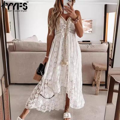 Moda de mujer Verano Primavera Color sólido Estampado Sin mangas Cuello en V Cintura media Vestidos casuales