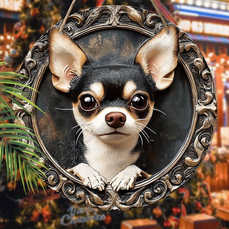 2D flat hanging decorative signs,interior wall or door decoration,garden decoration,the pattern is a cute chihuahua,a housewarming gift for friends