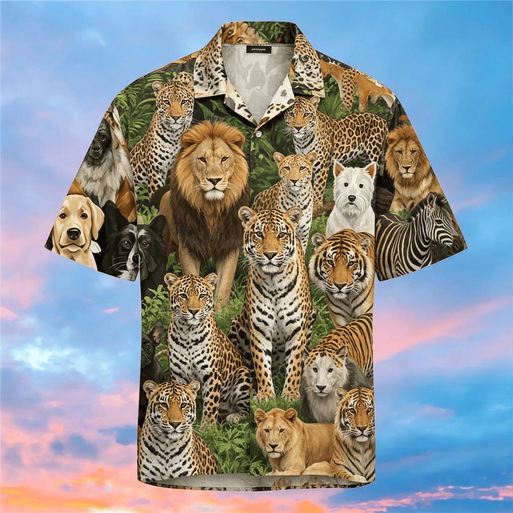 Men's Cute Dog Breed Print Short Sleeve Shirt, Casual Hawaiian Button Up Shirt for Spring & Summer