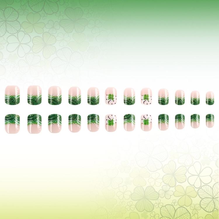 24 Pcs Glossy Stick on Nail Saint Patricks Day False Nail French Tip Press On Nail Shamrocks Artificial Nail