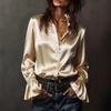 Silk Satin Basic Blouse Women Luxury Elegant Flare Long Sleeve Shirt Lady Bandage Tunic Top Office Casual Blouses