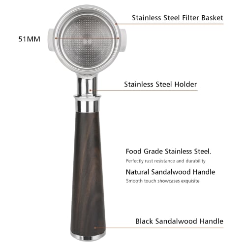 51mm Bottomless Portafilter with Two Ears for De-longhi EC260/EC3420/EC155/ECP3120, 51mm Portafilter with Black Wood Handle, 304 Stainless Steel Repla