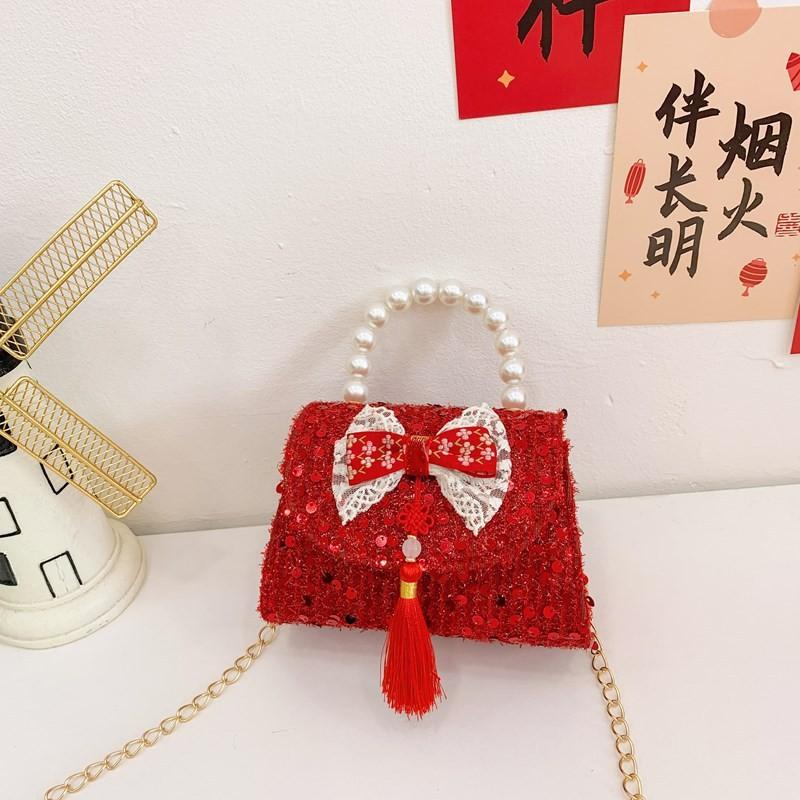 Adorable Red Shimmering Bow Pearl Children's Shoulder Bag For New Year Celebrations