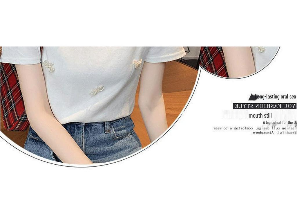 2025 Summer Women's French Fashion Beaded Bow Slim T-Shirt