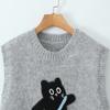 Kaslead New Women clothes Western Style Towel Embroidery Stickers Cartoon Kitten Pattern Pullover Vest Sweater