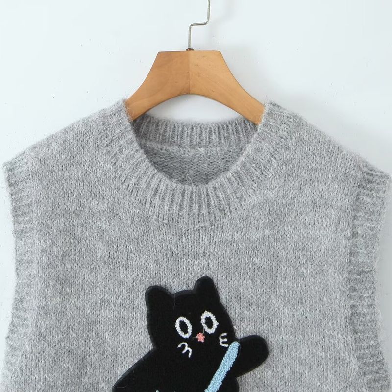 Kaslead New Women clothes Western Style Towel Embroidery Stickers Cartoon Kitten Pattern Pullover Vest Sweater