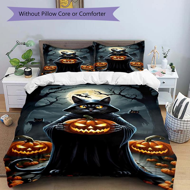 3pcs Cat, Jack-o'-Lantern Duvet Cover Set - Includes 1 Duvet Cover and 2 Pillowcases, No Quilt Core, All-Season Home Decor yy251111007